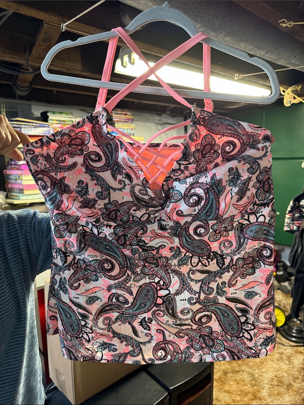 Pink Paisley Women's Swim Top with Lace-Up Detail